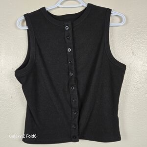 Black Ribbed Button Front Tank‎ Top XXL Sleeveless Stretch Knit Casual Basic
